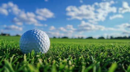 Fototapeta premium Golf ball on a vibrant green fairway, sunny day