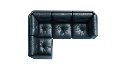 Black l shaped leather sectional sofa with tufted cushions, modern contemporary design for living rooms and interiors, isolated on transparent background for catalogs and renders, png