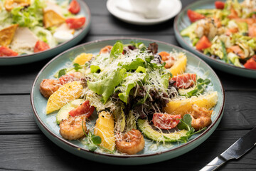 Appetizing Restaurant Plate Fried Shrimp Orange Salad Parmesan Cheese