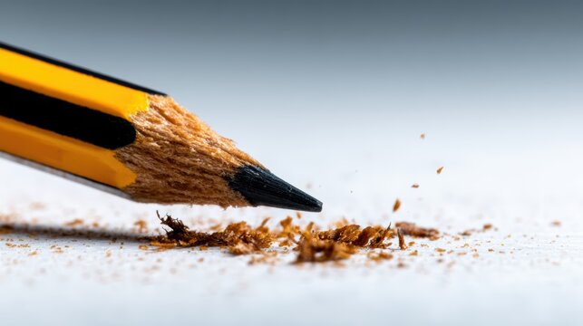 A close-up of a sharpened pencil surrounded by wooden shavings on a white surface, capturing the essence of creativity, writing, and the artistic process of putting thoughts to paper. - Powered by Adobe