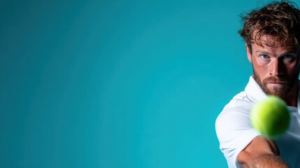 A determined male tennis player in a white shirt captures the essence of competitive spirit as he prepares to serve a bright green tennis ball against a vibrant teal backdrop.