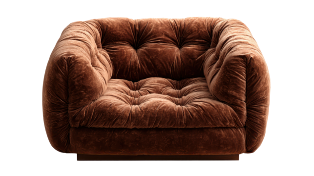 Brown velvet tufted armchair with deep plush cushioning and retro inspired silhouette, isolated on transparent background  cozy, elegant seating perfect for interior design, png