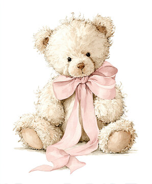 Cute teddy bear in watercolor art.
Fluffy plush toy with pink bow decor.
Lovely nursery design for baby celebration.