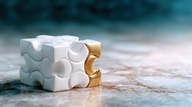 An artistic puzzle cube featuring one golden piece among white shapes, symbolizing uniqueness and creativity against a softly blurred background, inviting curiosity and thought.