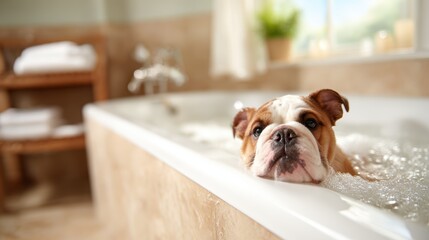 A cute bulldog enjoys a refreshing bubble bath in a cozy bathroom, showcasing a moment of relaxation and playfulness that is undeniably charming and heartwarming.