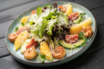 Fine Dining Plate Grilled Prawns Fresh Greens Orange Avocado