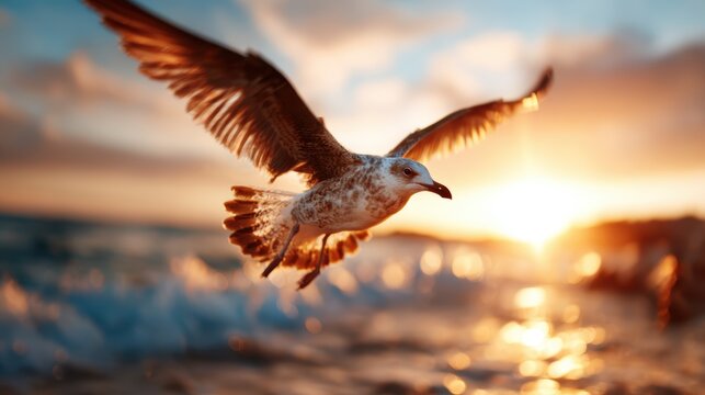 A seagull gracefully soaring above the waves during sunset, beautifully silhouetted against a colorful sky, expressing freedom and the beauty of nature's transitions.