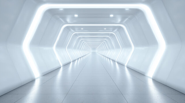 Futuristic white hexagon tunnel with glowing lights - Powered by Adobe
