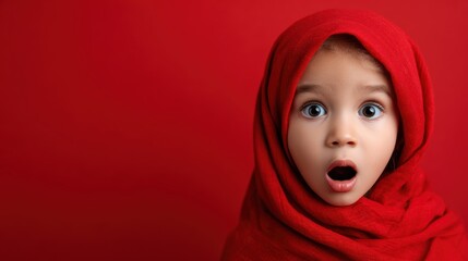 A young girl in a vibrant red scarf looks astonished against a solid red background, capturing innocence and a sense of wonder in her expressive eyes.