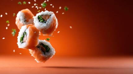 A stunning display of sushi rolls featuring salmon, avocado, and rice, elegantly suspended against a vibrant orange backdrop, capturing the essence of culinary artistry.