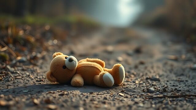 traces. Lone teddy bear on a dirt path with marks, in soft morning light. wellbeing guides, coaching materials, designed for mental health education and mindfulness programs.