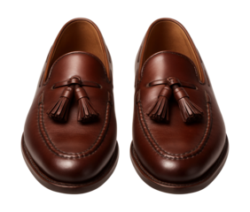 Leather moccasins featuring tassel details and a stitched apron toe design.