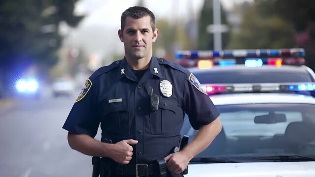 A police officer stands confidently in front of a police car on a city street. The officers uniform is a dark blue with gold and white accents.