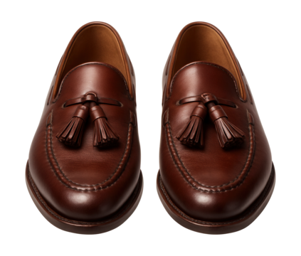 Leather moccasins featuring tassel details and a stitched apron toe design.