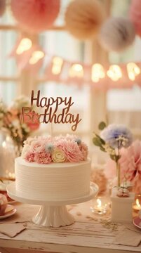 Decorated birthday table with a beautiful cake and festive decorations