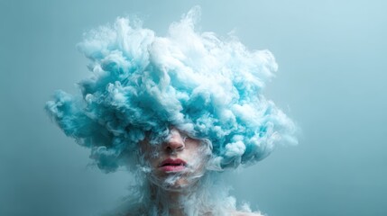 A surreal image showcases a model with hair that resembles fluffy clouds, merging beauty and abstract artistry, creating a whimsical and dreamlike atmosphere.