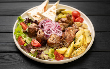 Restaurant Main Course Barbecue Skewers Roasted Potatoes Cheese Flatbread