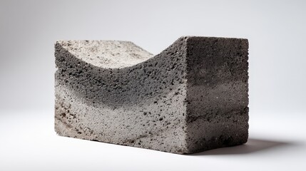 Concrete block showcasing a wavy, porous texture and a distinct concave curve, emphasizing raw material, modular design, and the varied grey tones of cement construction