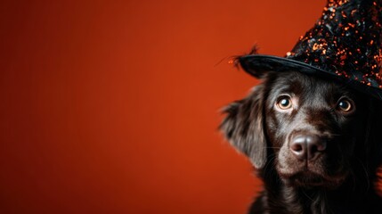 Obraz premium A charming and playful dog donning a witch hat against a vibrant orange backdrop, capturing the essence of whimsy and festive spirit for pet lovers and Halloween enthusiasts.