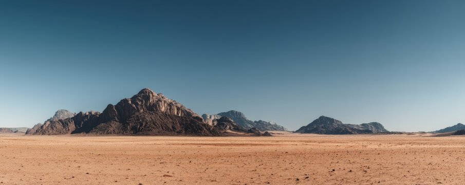 Wide desert landscape with rocky mountains under a clear blue sky, showing warm tones and open space in a dry natural environment, idea for travel themes, nature visuals, and background scenes