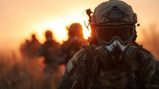 Silhouetted soldiers wearing tactical gear against a stunning sunset backdrop, symbolizing bravery, courage, and unity among troops as they navigate challenges and face adversity together.