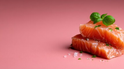 Vibrant slices of fresh salmon are meticulously arranged on a pink background, highlighting their luscious texture and inviting appeal for culinary enthusiasts.