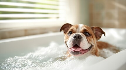 A joyful dog splashes in a bubbly bath, showcasing its playful nature, innocence, and happiness, encapsulating a delightful moment of pet care and affection.
