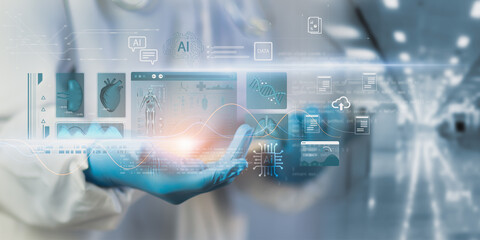 Doctor using advanced AI medical analytics to assess organ scan, DNA data, and patient information represents modern healthcare technology, precision diagnostics, intelligent clinical decision making.