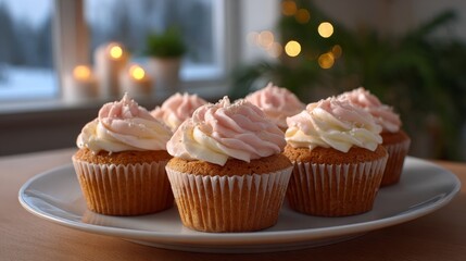 Six pink and white cupcakes were arranged on a white dining table