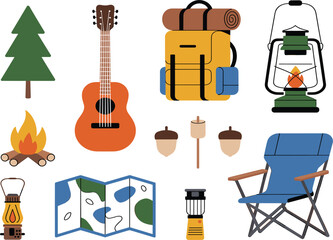Set of Colored Camping and Outdoor Gear Items, Flat Design Travel Hiking Nature Elements, Recreation Adventure Vector Graphic Illustration Collection