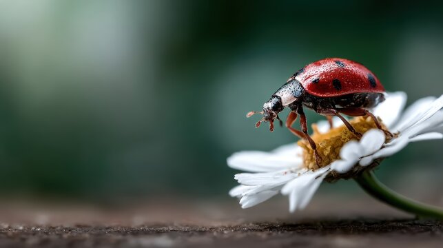 A striking close-up of a ladybug perched on a delicate daisy, highlighting the beauty of nature and the intricate details of the insect and flower in a soft background.