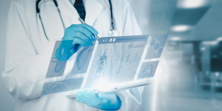 doctor using digital tablet to review anatomical scans, organ visuals, and DNA analytics represents advanced healthcare technology, precision diagnostics, modern clinical data driven decision-making. - Powered by Adobe