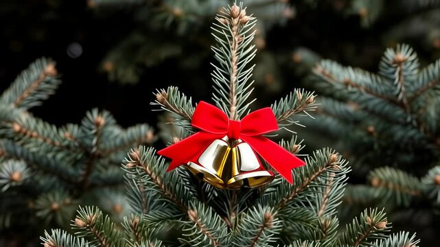 Golden jingle bells with a red bow hanging on a green pine tree branch. A concept of classic Christmas decoration and traditional holiday ornament, 4K video animation. 