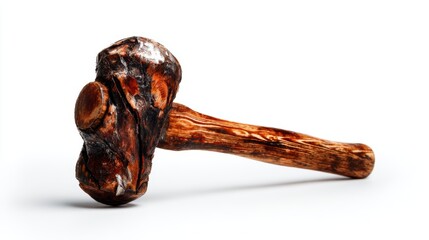 A rustic wooden hammer rests on a pristine white background, showcasing craftsmanship and simplicity in design, ideal for concepts of construction and handiwork.