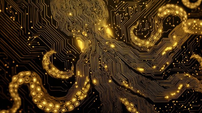 Glow of Octopus Tentacles Created by Circuit Lines Overlays a Dark Motherboard Design Showcasing High Tech Aesthetics and Negative Space