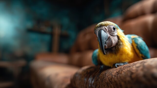 A striking close-up of a colorful parrot perched on a cozy leather sofa showcases the vivid hues and textures of its feathers, emphasizing the beauty of nature in a domestic setting.