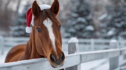 A brown horse with a red hat on its head is standing in front of a white fence. The horse appears to be looking at the camera with a curious expression. Concept of warmth and cheerfulness