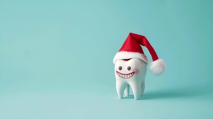 Tooth dental health concept. A stylized tooth character with a Santa hat, set against a turquoise background. The tooth character is white with a cheerful expression.