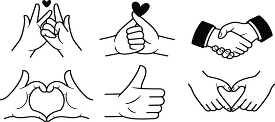 Set of Six Hand Gestures, Heart Love Approval and Handshake Icons, Social Communication Body Language Outline Vector Graphic Collection