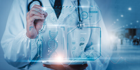 Doctor using digital tablet to review holographic DNA, organ analytics, and medical data represents advanced healthcare technology, precision diagnostics, modern clinical decision-making in hospitals.