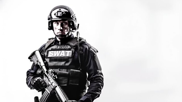 swat officer in tactical gear with rifle and helmetswat uniform with rifle in hand and helmet with camera mounted on top.
