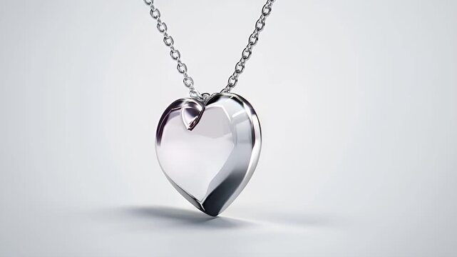 A silver heart pendant on a silver chain. The pendant is polished, reflecting light, and has a smooth, reflective surface. The chain is also silver, with a smooth texture.