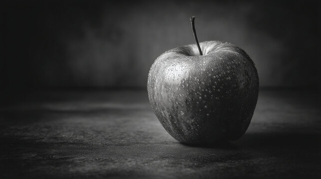 Monochrome image of a single apple with water droplets on a dark surface close up view