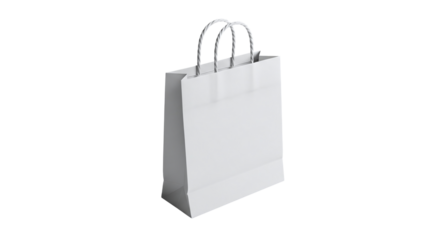 Blank white paper shopping bag with twisted paper handles, perfect for retail, gifts, or ecofriendly packaging solutions, offering a clean canvas for branding, isolated on transparent background