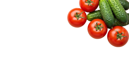 Fresh red tomatoes and green cucumbers, vibrant and ripe, arranged in the corner, offering a healthy and natural food choice, isolated on transparent background