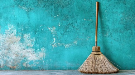 Rustic broom against teal wall (4)