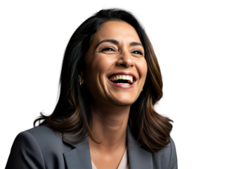 Laughing Latina businesswoman portrait on white background