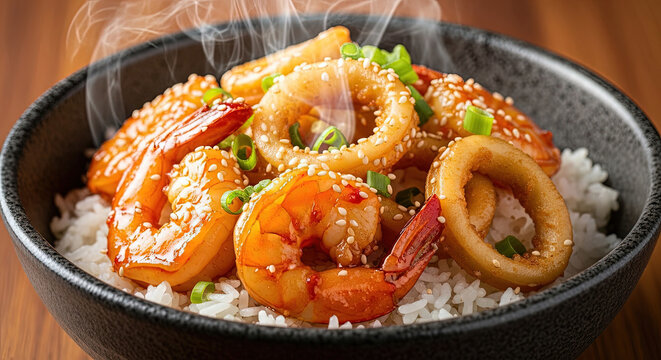 Steaming bowl savory Asian rice dish topped glazed shrimp calamari rings sesame seeds scallions dark ceramic bowl closeup view wooden table background
