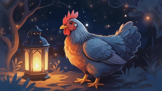 A Cartoon Chicken Beside a Lantern in a Magical Forest Night