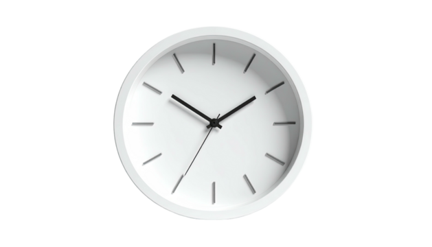 Minimalist, white wall clock showing the time